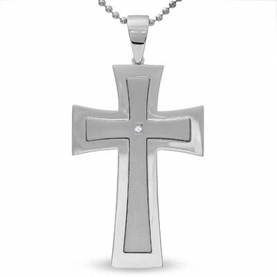 Men's Stainless Steel Polished Cross Pendant with Diamond Accent