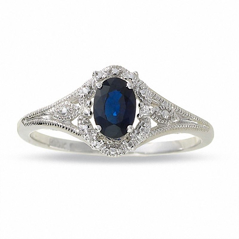 Oval Blue Sapphire Filigree Ring in 10K White Gold with Diamond Accents