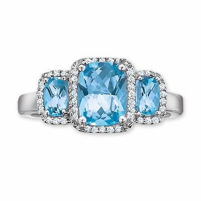 Cushion-Cut Blue Topaz Three Stone Ring in 10K White Gold with Diamond Accents