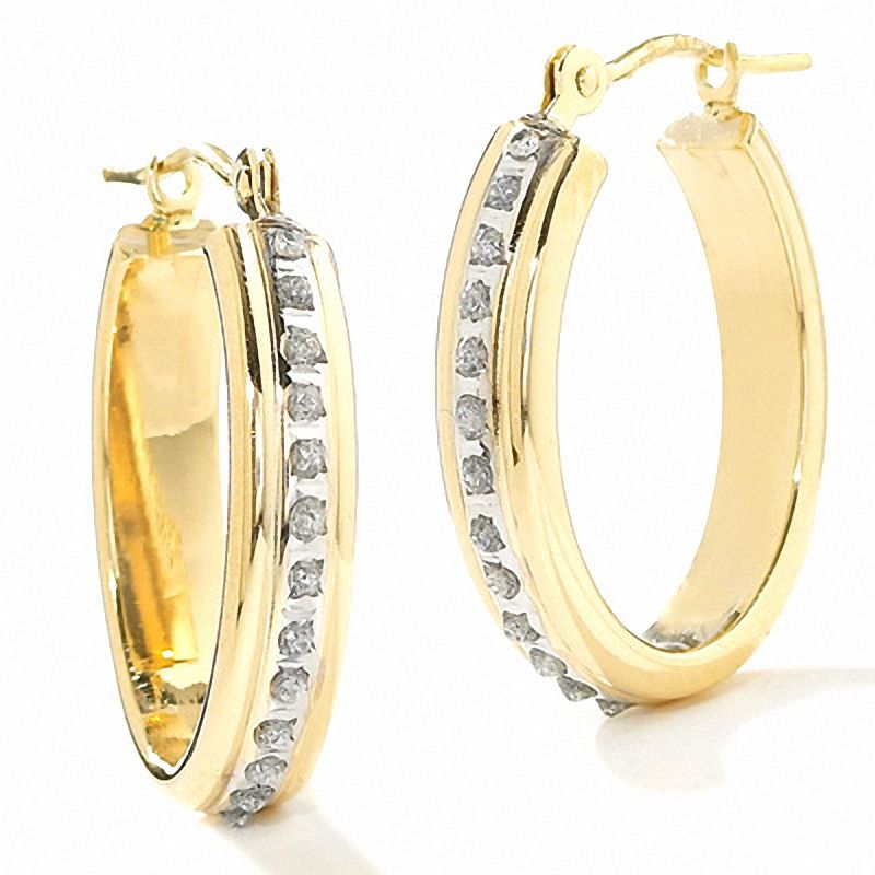 Diamond Fascination™ Medium Ribbed Oval Hoop Earrings in 14K Gold