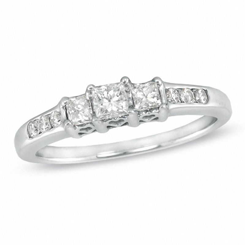 Main Image 1 of 0.50 CT. T.W. Princess-Cut Diamond Three Stone Past Present Future Ring in 14K White Gold