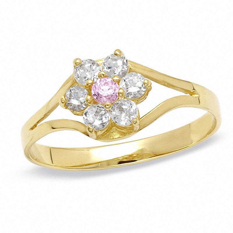 Childs' Pink and White Cubic Zirconia Flower Ring in 10K Gold - Size 3|Peoples Jewellers