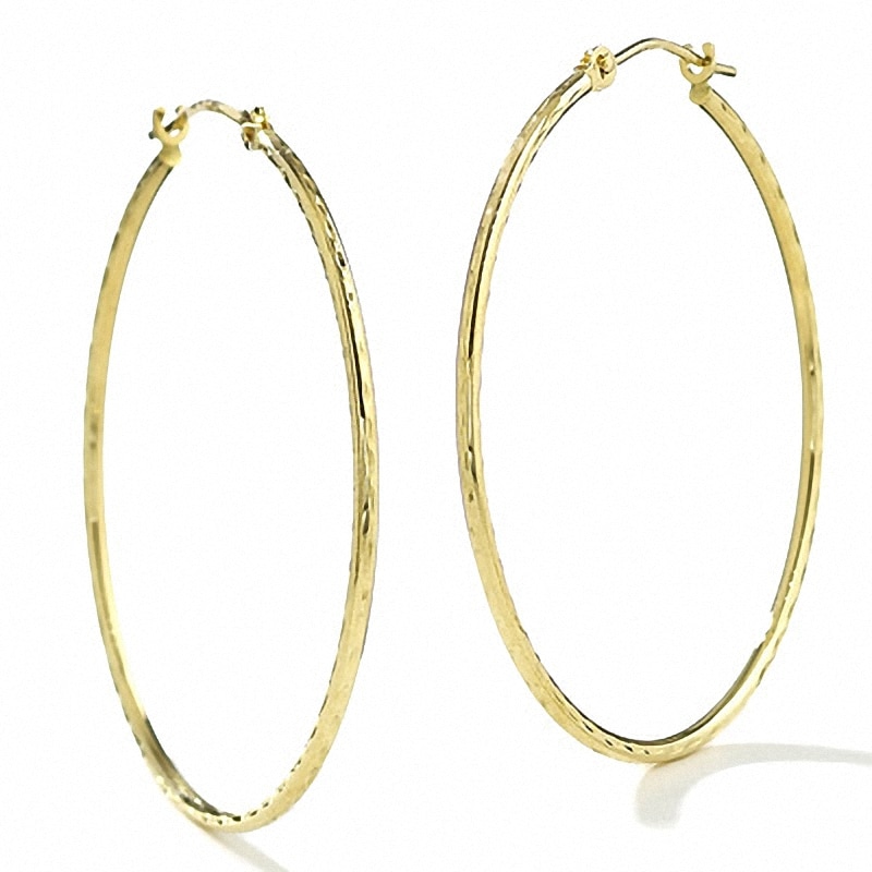 14K Gold 35mm Diamond-Cut Hinged Hoop Earrings