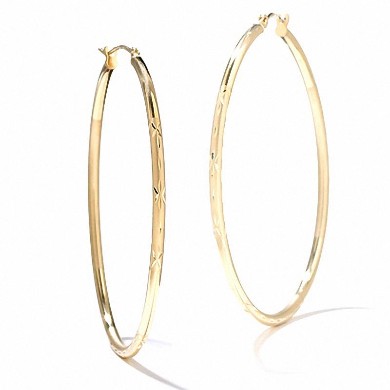 14K Gold 47mm Satin and Diamond-Cut Hinged Hoop Earrings