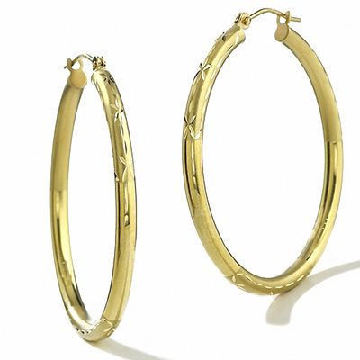 14K Gold 35mm Satin and Diamond Cut Hoop Earrings