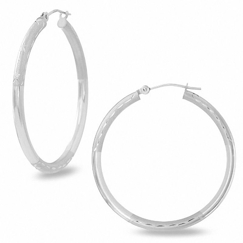 14K White Gold 35mm Satin and Polished Hinged Hoop Earrings|Peoples Jewellers