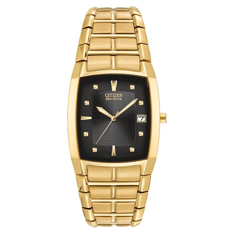 Men's Citizen Eco-Drive® Gold-Tone Watch with Tonneau Black Dial (Model: BM6552-52E)