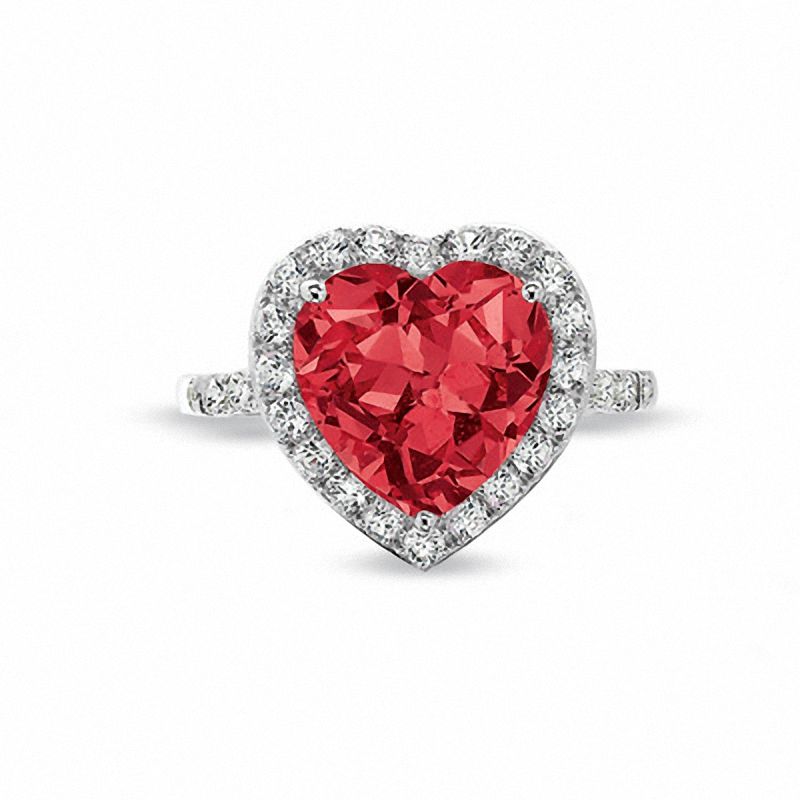 11.0mm Heart-Shaped Lab-Created Ruby Frame Ring with White Sapphire and Diamond Accents in 10K White Gold|Peoples Jewellers