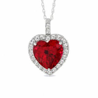 Heart Shaped Lab-Created Ruby And White Sapphire Pendant in 10K White Gold with Diamond Accents