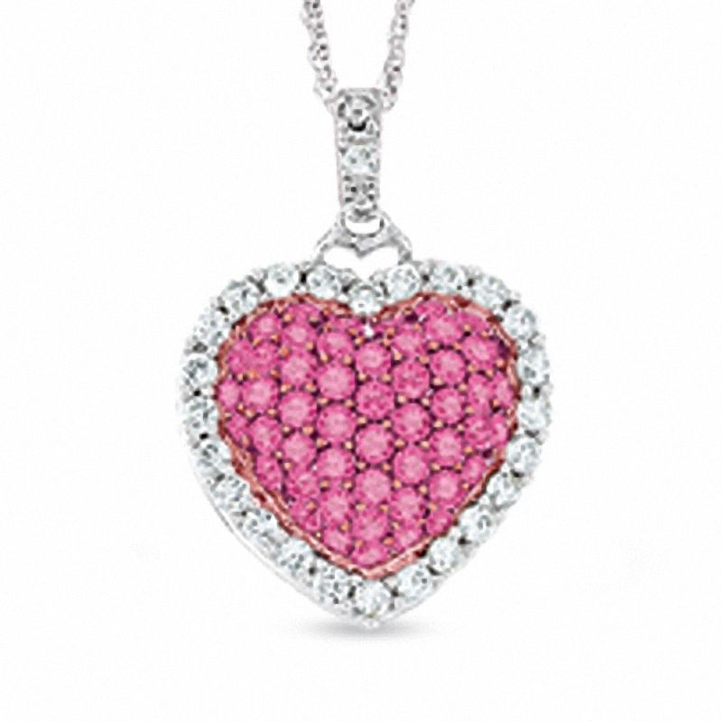 Lab-Created Pink and White Sapphire Puffy Heart Pendant in 10K White Gold with Diamond Accent|Peoples Jewellers