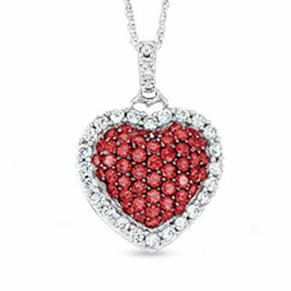 Lab-Created Ruby and White Sapphire Puffy Heart Pendant in 10K White Gold with Diamond Accent