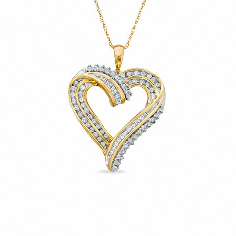 Main Image 1 of 0.50 CT. T.W. Diamond Ribbon Heart Pendant in 10K Gold