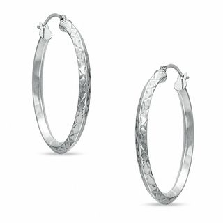 14K White Gold 30mm Double "X" Diamond Cut Square Edge Hoop Earrings