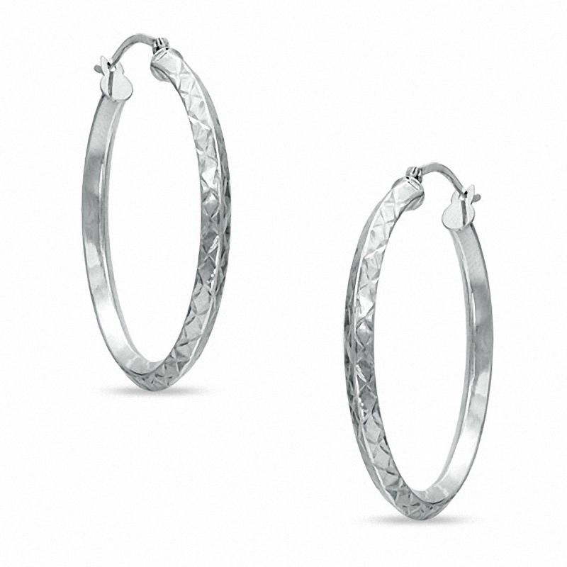 14K White Gold 30mm Double "X" Diamond Cut Square Edge Hoop Earrings|Peoples Jewellers
