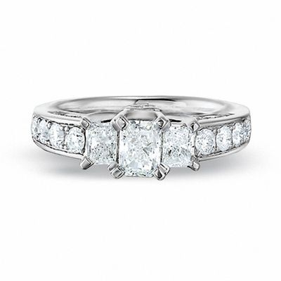 CT. T.W. Certified Radiant Cut Diamond Three Stone Ring in 14K White Gold