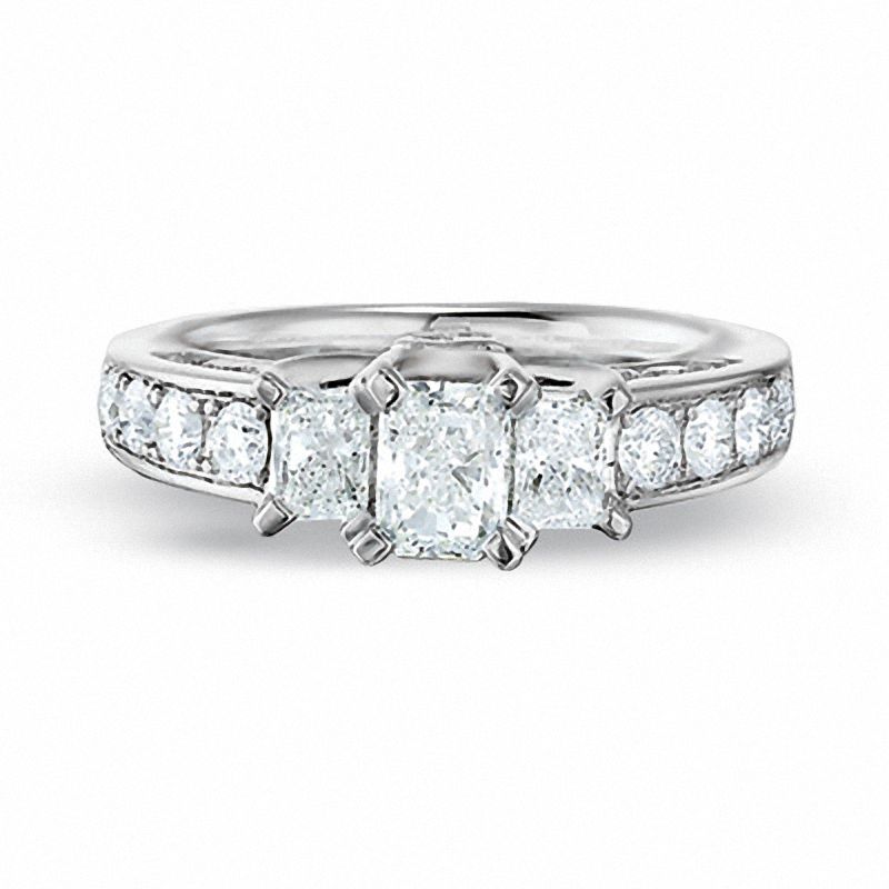CT. T.W. Certified Radiant Cut Diamond Three Stone Ring in 14K White Gold|Peoples Jewellers