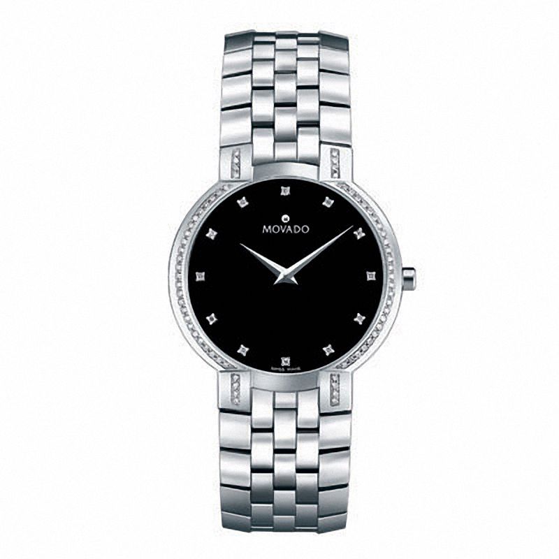 Men's Movado Faceto Stainless Steel Watch with Diamond Bezel (Model: 0605585)