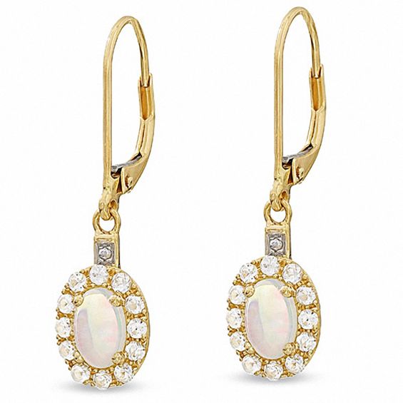 Lab-Created Opal and White Sapphire Drop Earrings in 14K Gold