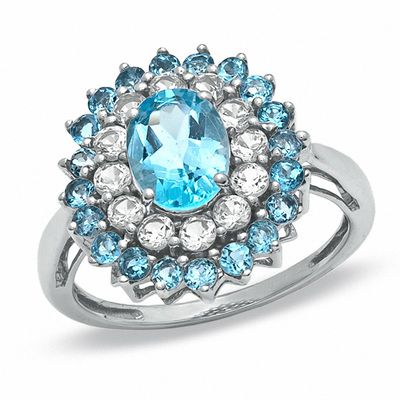 Oval Blue Topaz and Lab-Created White Sapphire Ring in 10K Gold