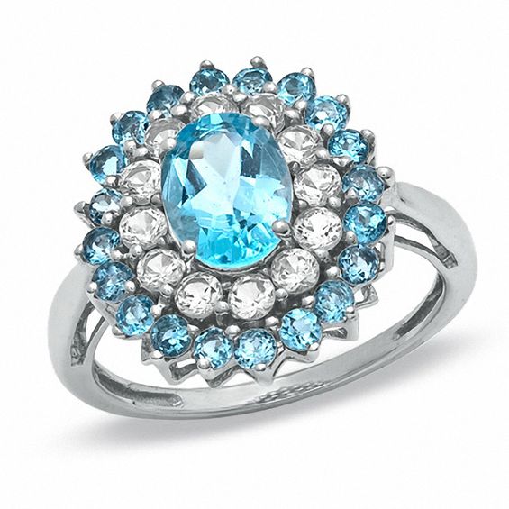 Oval Blue Topaz and Lab-Created White Sapphire Ring in 10K Gold