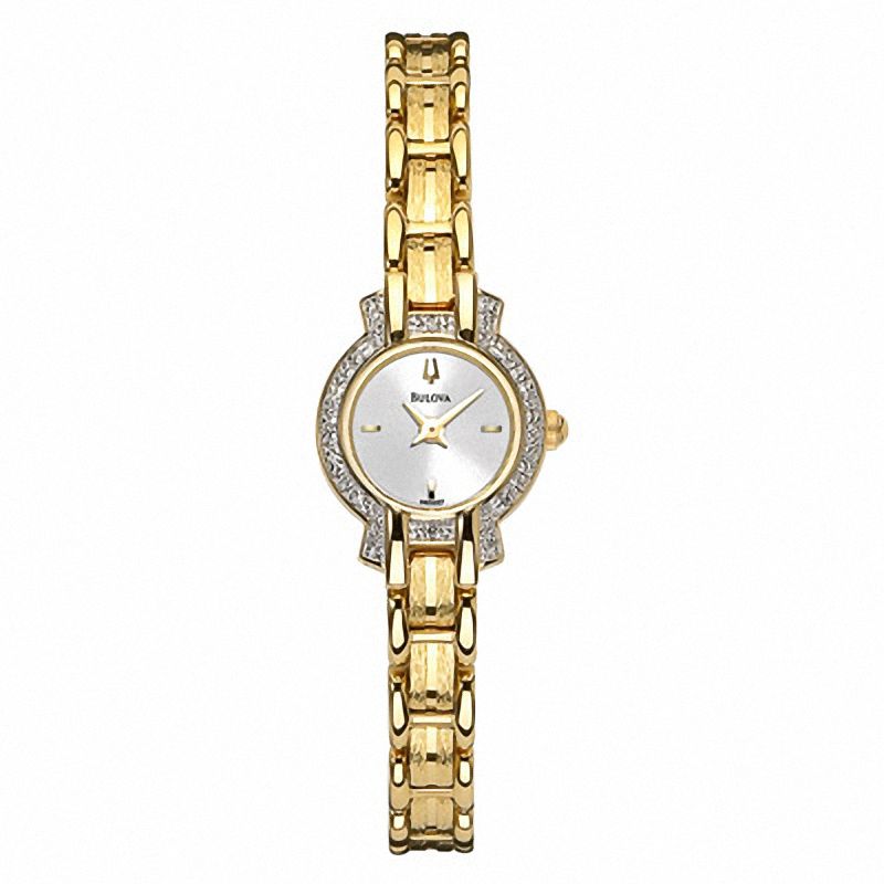 Ladies' Bulova Dress Gold-Tone Diamond Accent Watch with Silver-Tone Dial (Model: 98R007)|Peoples Jewellers