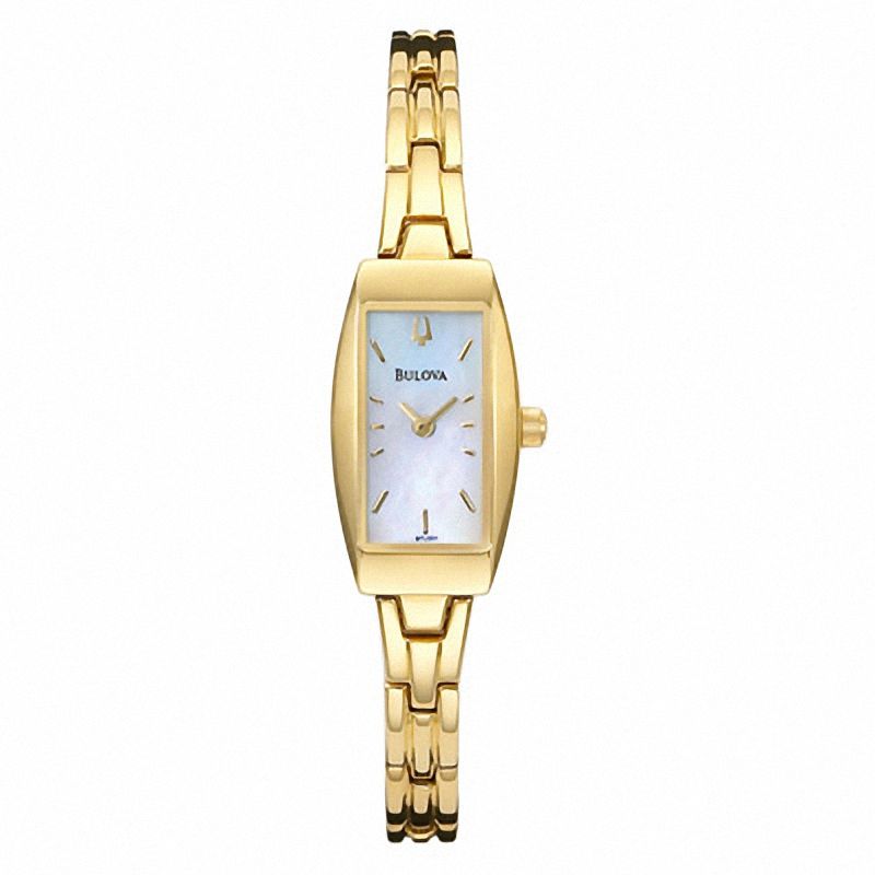 Ladies' Bulova Gold-Tone Watch with Rectangular Mother-of-Pearl Dial (Model: 97L001)