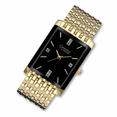 Men's Caravelle Diamond Accent Gold-Tone Watch with Black Dial (Model: 44D001)