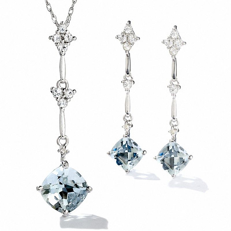 Cushion-Cut Aquamarine and White Topaz Kite-Shaped Pendant and Earring Set in 10K White Gold with Diamond Accents|Peoples Jewellers