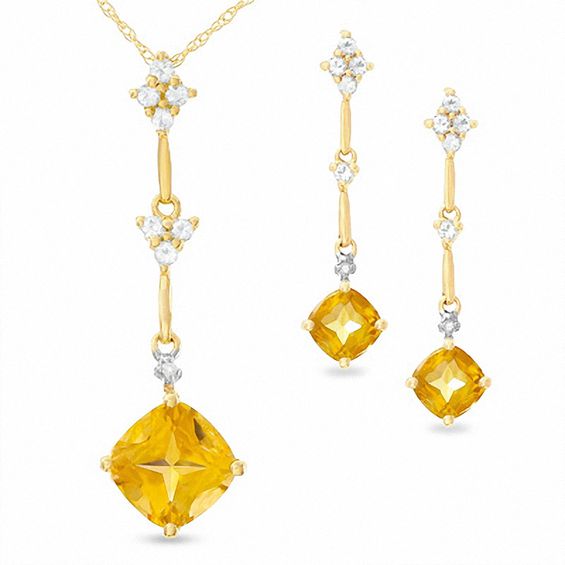 Cushion-Cut Citrine and White Topaz Kite-Shaped Pendant and Earring Set in 10K Gold with Diamond Accents