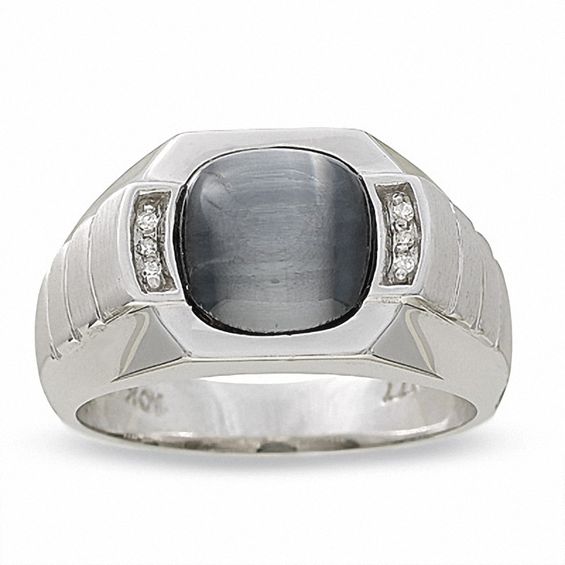 Men's Lab-Created Cats Eye Band with Diamond Accents in 10K White Gold