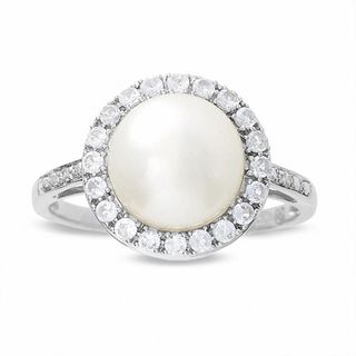 Freshwater Cultured Pearl and Lab-Created White Sapphire Ring with Diamond Accents in 10K White Gold