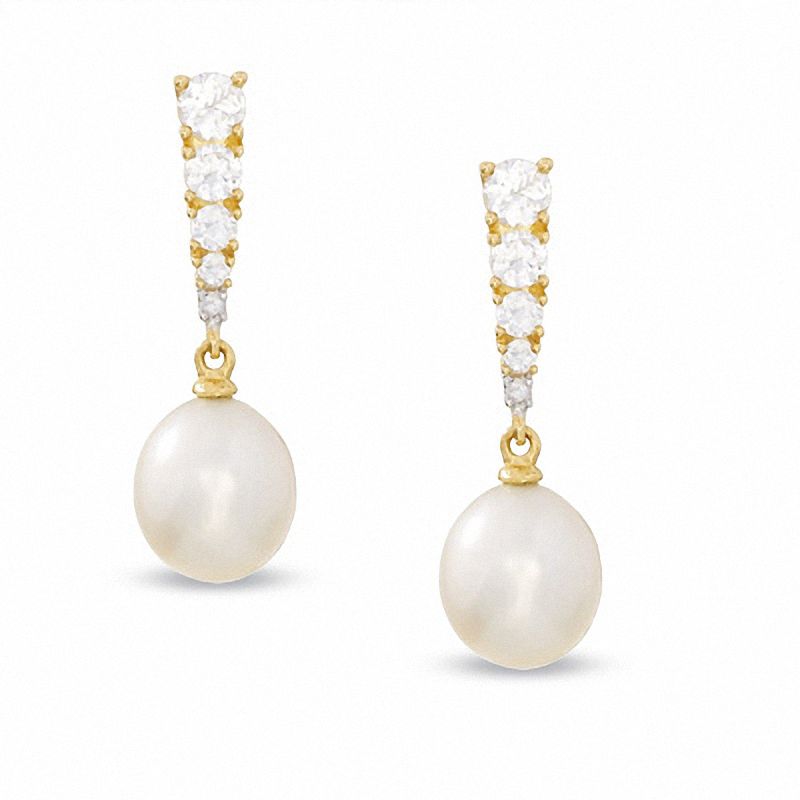 Freshwater Cultured Pearl and White Sapphire Stick Earrings in 14K Gold