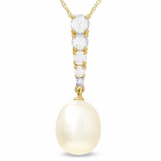 Freshwater Cultured Pearl Drop Pendant with Lab-Created White Sapphires and Diamond Accent in 10K Gold