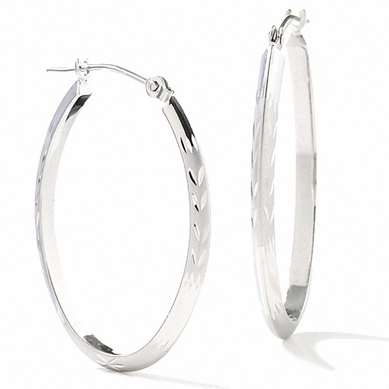 14K White Gold 27mm Oval Hoop Earrings with Satin and Diamond Cut Stations|Peoples Jewellers