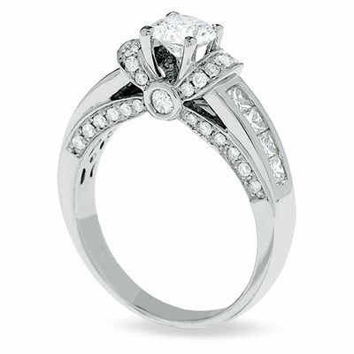 1.50 CT. T.W. Round Diamond Collar Engagement Ring in 14K White Gold with Princess-Cut Side Stones