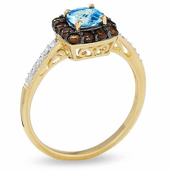 Cushion-Cut Blue Topaz and Smoky Quartz Ring in 10K Gold with Diamond Accents - Size 7