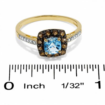 Cushion-Cut Blue Topaz and Smoky Quartz Ring in 10K Gold with Diamond Accents - Size 7