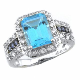 Emerald-Cut Blue Topaz and Multi-Gemstone Ring in 14K White Gold with Diamonds