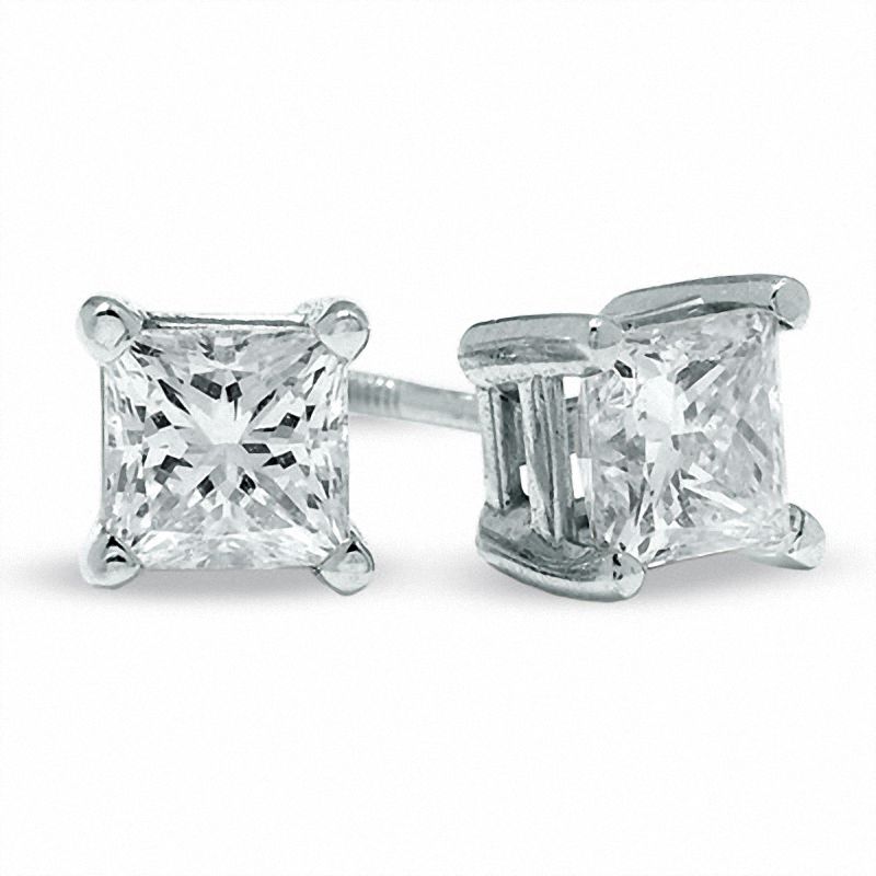 1.00 CT. T.W. Certified Princess-Cut Diamond Solitaire Crown Royal Earrings in 14K White Gold (J/I3)|Peoples Jewellers