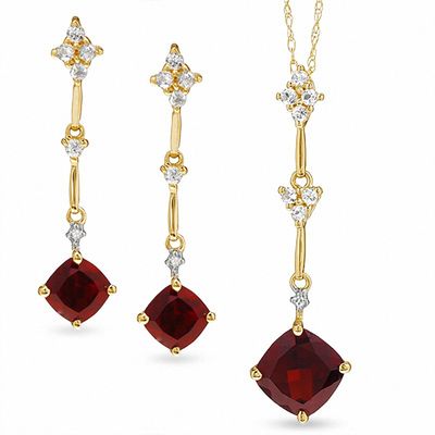 Cushion-Cut Garnet and White Topaz Kite-Shaped Pendant and Earrings Set in 14K Gold with Diamond Accents