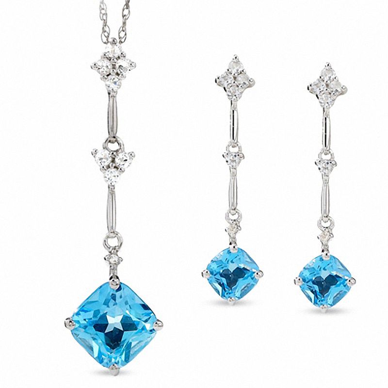 Cushion-Cut Blue Topaz and White Topaz Kite Shaped Pendant and Earrings Set in 14K White Gold with Diamond Accents|Peoples Jewellers