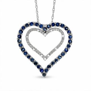 Blue Sapphire and Diamond Double Heart Pendant in 10K White Gold