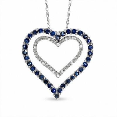 Blue Sapphire and Diamond Double Heart Pendant in 10K White Gold