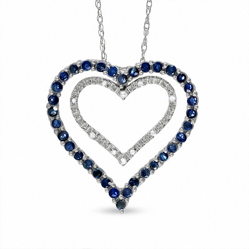 Blue Sapphire and Diamond Double Heart Pendant in 10K White Gold|Peoples Jewellers