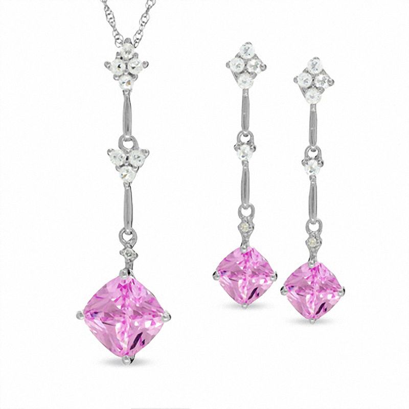 Cushion-Cut Pink Sapphire and White Topaz Kite Shaped Pendant and Earrings Set in 14K White Gold|Peoples Jewellers
