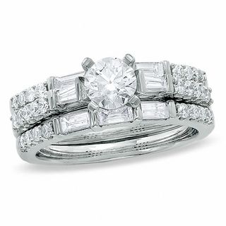 1.50 CT. T.W. Round and Baguette Diamond Three-Piece Bridal Set in 14K White Gold