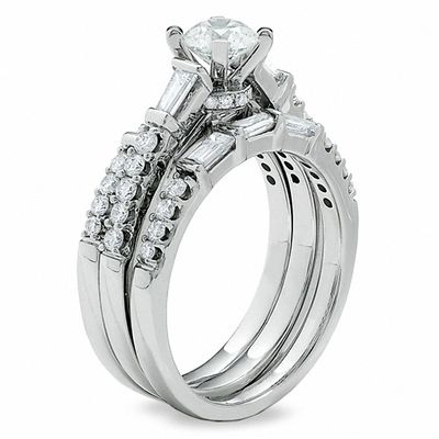 1.50 CT. T.W. Round and Baguette Diamond Three-Piece Bridal Set in 14K White Gold