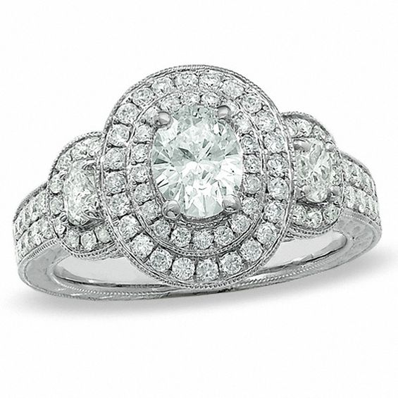 1.50 CT. T.W. Certified Oval Diamond Three Stone Double Frame Ring in 14K White Gold