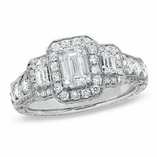 1.95 CT. T.W. Certified Framed Emerald-Cut Diamond Three Stone Ring in 14K White Gold