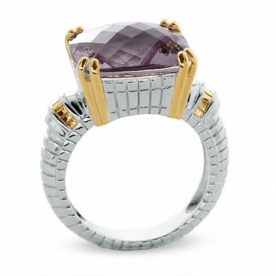 Cushion-Cut Rose De France Quartz Ring in Two-Tone Sterling Silver with 14K Gold Vermeil Accents